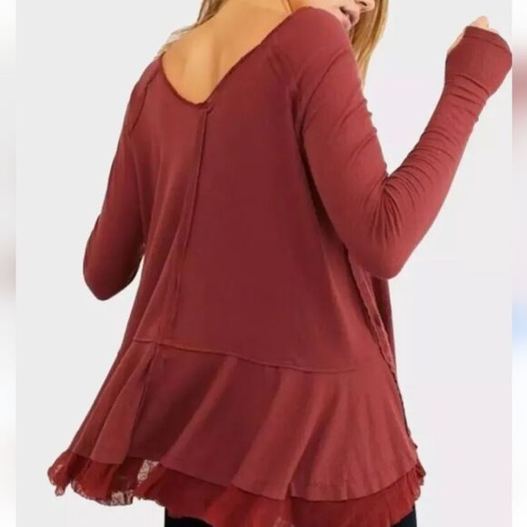 We The Free Distressed Tunic Tee Ribbed Baby Doll Hippie Cranberry Red Size M - Picture 2 of 13